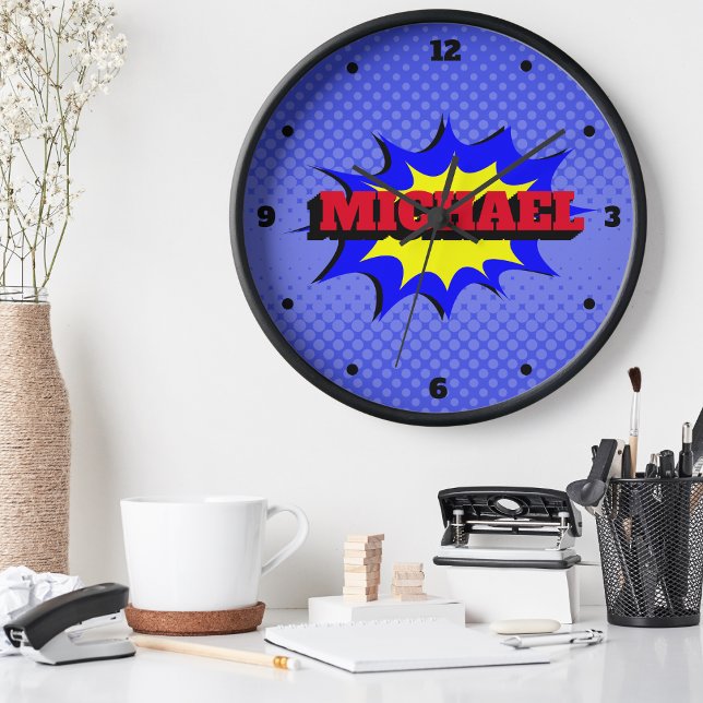 Superhero Kids Comic Book Personalized Name Clock (Creator Uploaded)