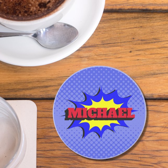 Superhero kids comic book personalized name coaster (Creator Uploaded)