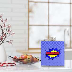 Superhero Kids Comic Book Personalized Name Hip Flask