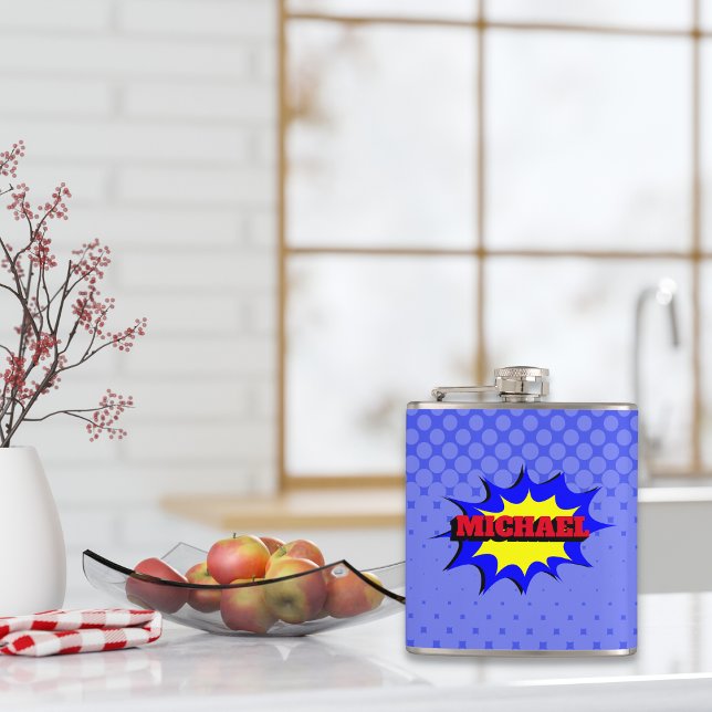 Superhero Kids Comic Book Personalized Name Hip Flask (Creator Uploaded)