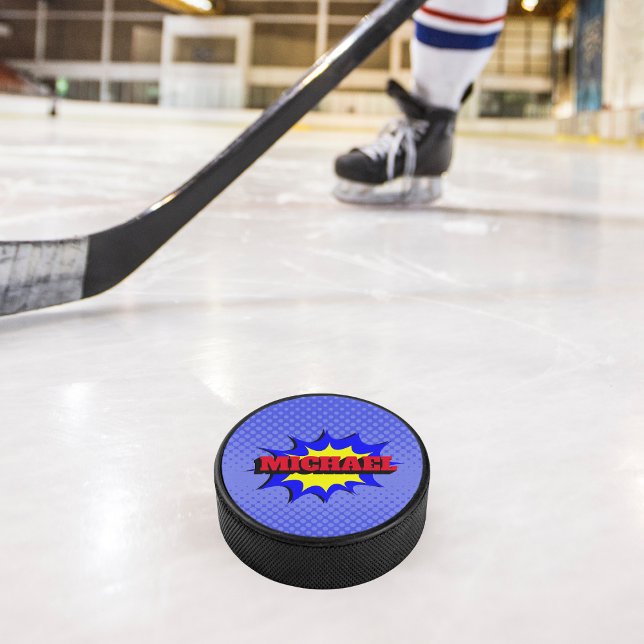 Superhero Kids Comic Book Personalized Name Hockey Puck (Creator Uploaded)