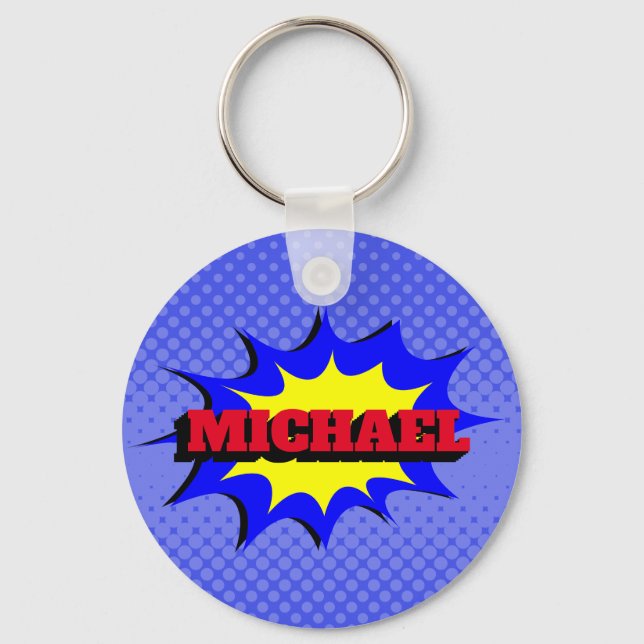 Superhero kids comic book personalized name   keychain (Front)