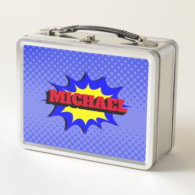 Superhero Kids Comic Book Personalized Name Metal Lunch Box (Front)