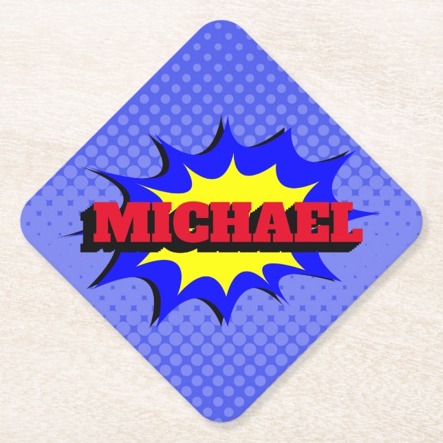 Superhero Kids Comic Book Personalized Name Paper Coaster (Front)
