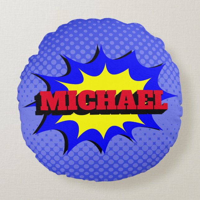 Superhero Kids Comic Book Personalized Name Round Pillow (Front)