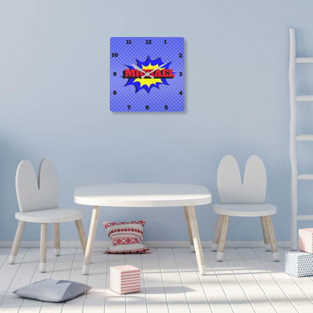 Superhero Kids Comic Book Personalized Name Square Wall Clock (Creator Uploaded)