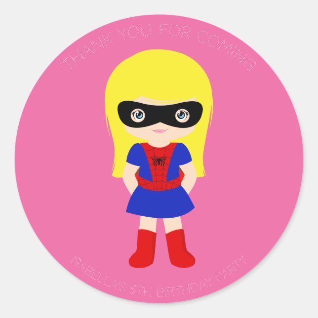 Superhero Kids Girls Birthday Party Pink Sticker (Front)