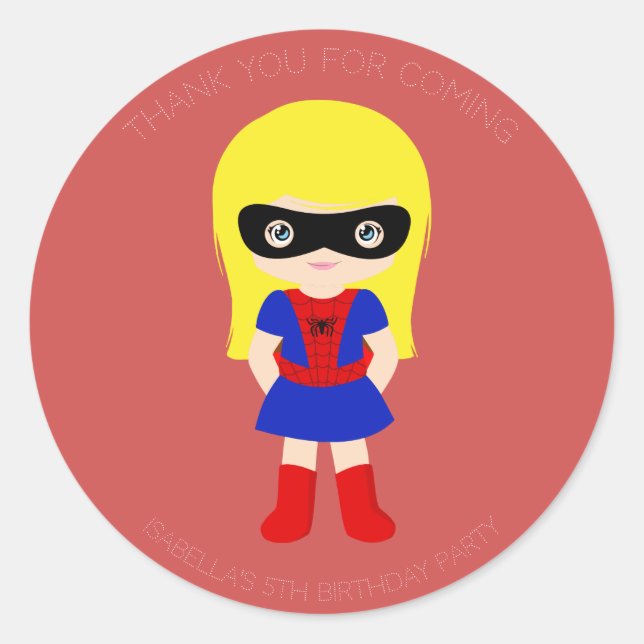 Superhero Kids Girls Birthday Party Red Sticker (Front)