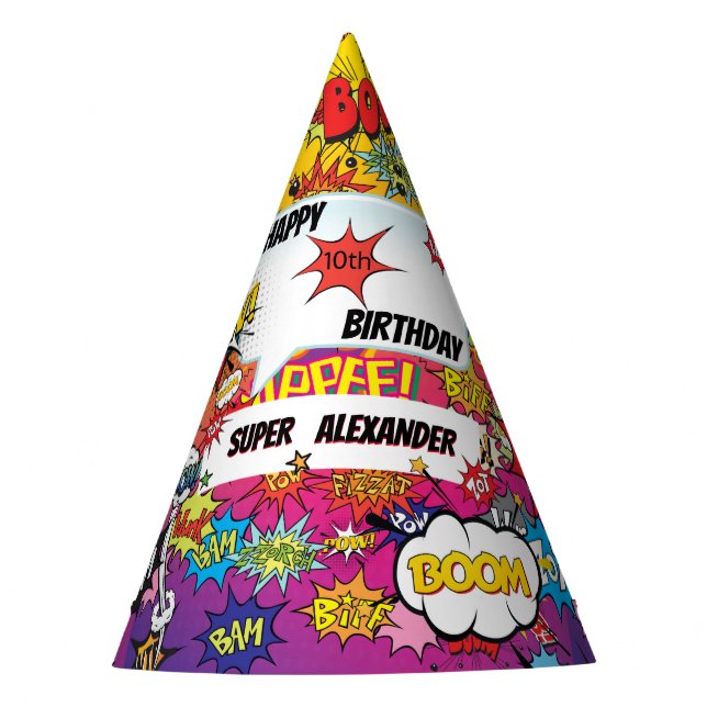 Superhero Monogram Birthday Surprise Kids Party Hat (Front)