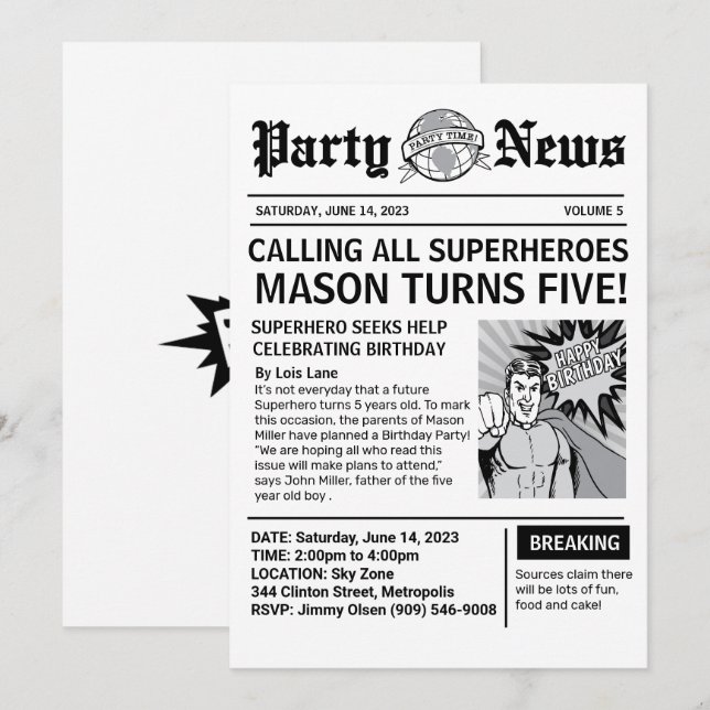 Superhero Newspaper Birthday Invitation (Front/Back)