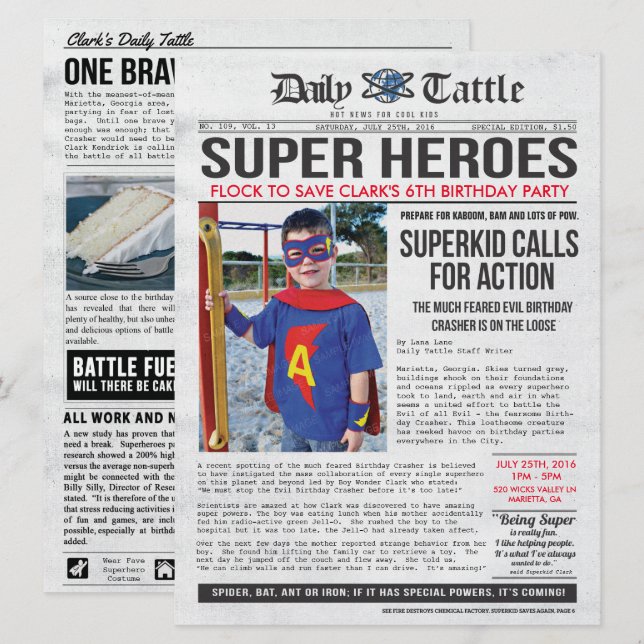 Superhero Newspaper Invitation - 6.5 x 8.75 (Front/Back)