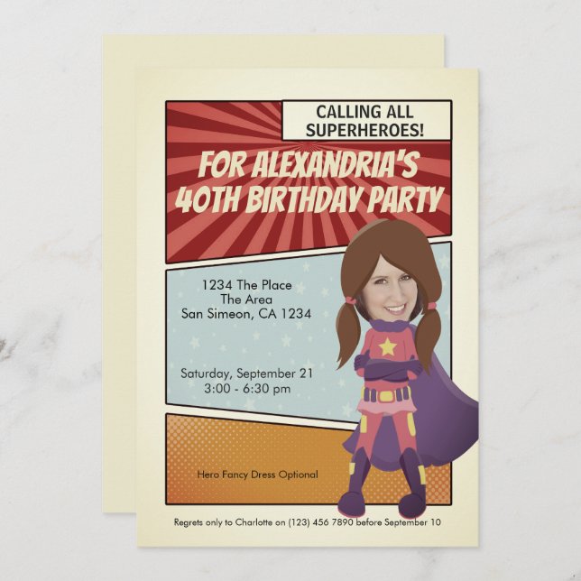 Superhero Old Comic Birthday Party (brunette) Invitation (Front/Back)