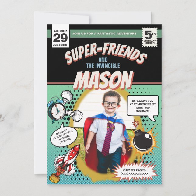 Superhero Party Invitation bande dessinée Style de (Devant)