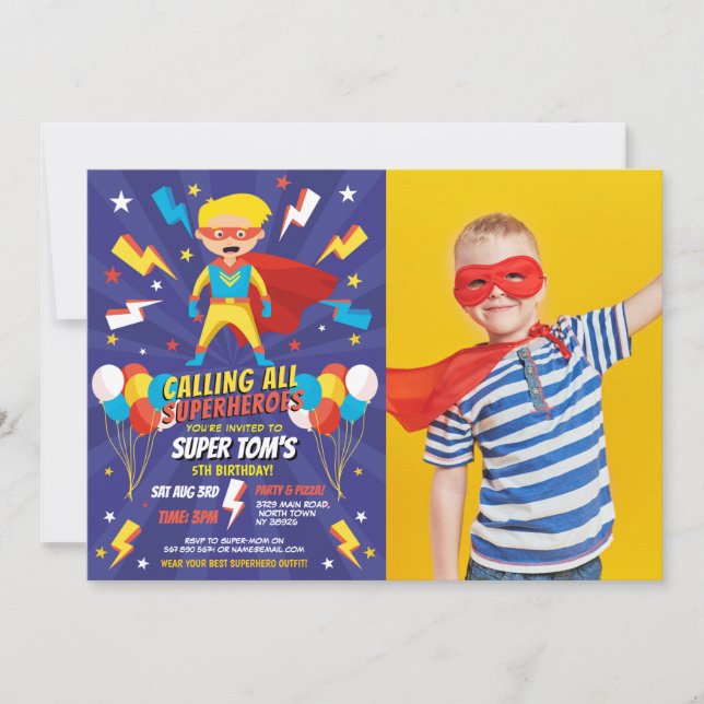 Superhero Party Invitation garçons Blue Photo Supe (Devant)