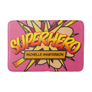 SUPERHERO Personalized Pink Comic Book Fun Bath Mat