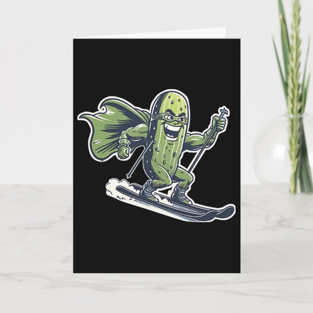 Superhero Pickle On Skis Funny Winter Alpine Run  Card (Front)