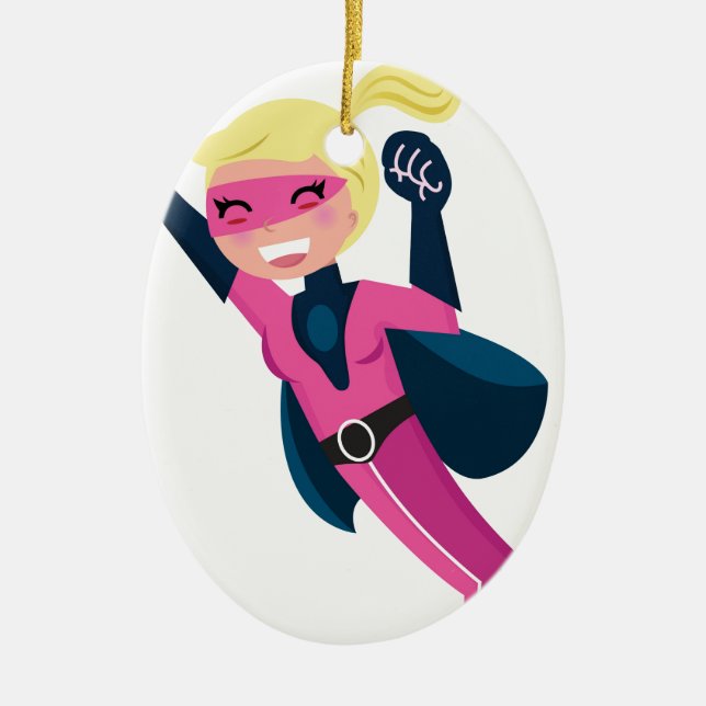 Superhero pink girl ceramic ornament (Front)