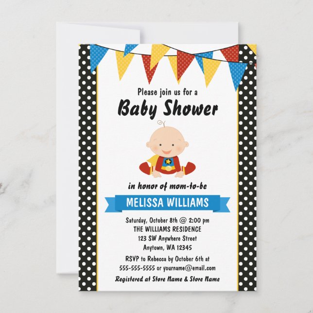 Superhero Polka Dot Bunting Baby Shower Invitation (Front)