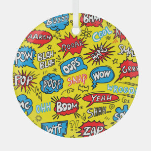 Superhero Saga: Cute Comic Patterns Glass Ornament