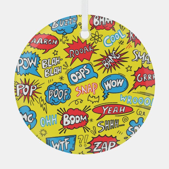 Superhero Saga: Cute Comic Patterns Glass Ornament (Front)