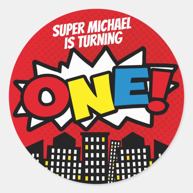 Superhero Stickers, Birthday Party Decor, RED Classic Round Sticker (Front)