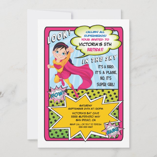 Superhero Super Girl Comic book Invitations (Devant)