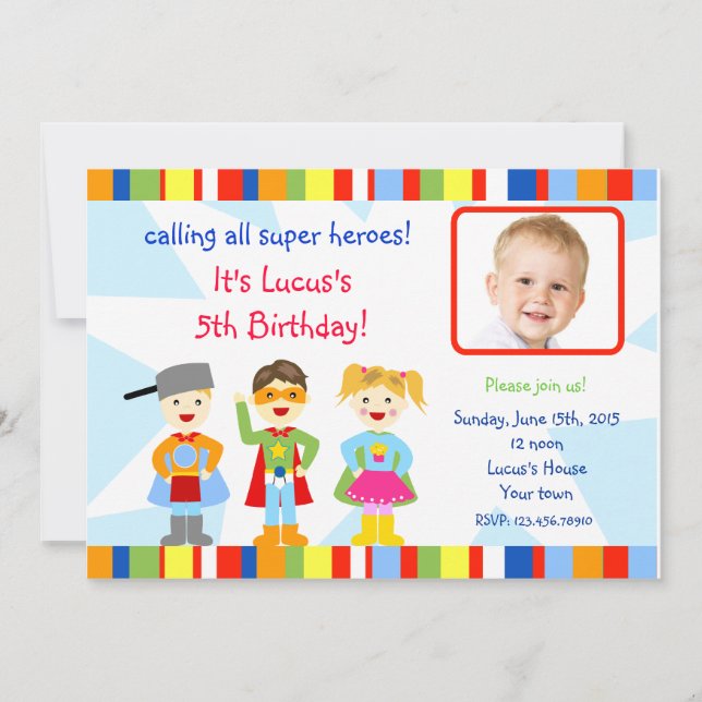 Superhero Super Hero Photo Birthday Invitations (Front)