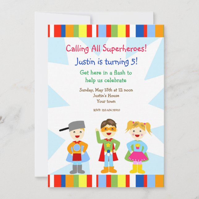 Superhero Super Heroes Birthday Party Invitations (Front)