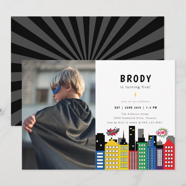 Superhero Theme Birthday Photo Invitation (Front/Back)