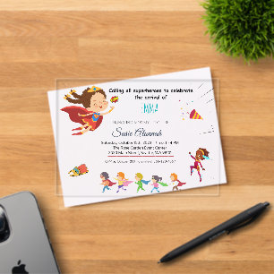 Superhero-Themed Baby Girl Shower Acrylic Invitations