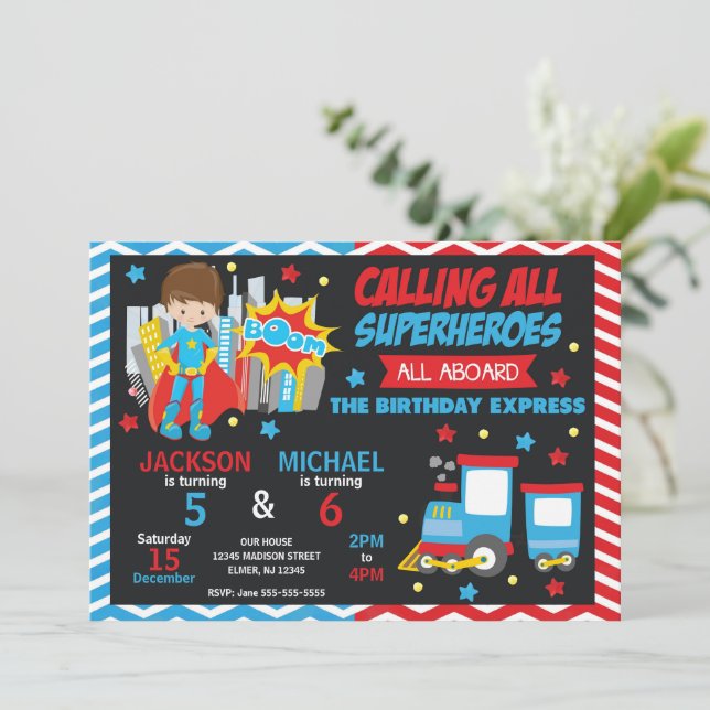 Superhero & Train Joint Birthday Invitation (Standing Front)