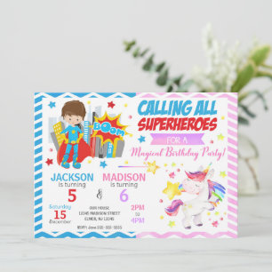 Superhero & Unicorn Joint Birthday Invitation