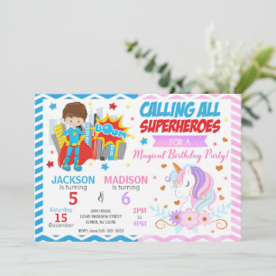 Superhero & Unicorn Joint Birthday Invitation