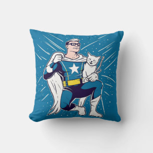 Superhero with His Cat Throw Pillow