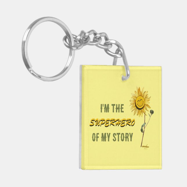 Superhero Yellow Acrylic Keychain by Adiela Akoo (Front Left)