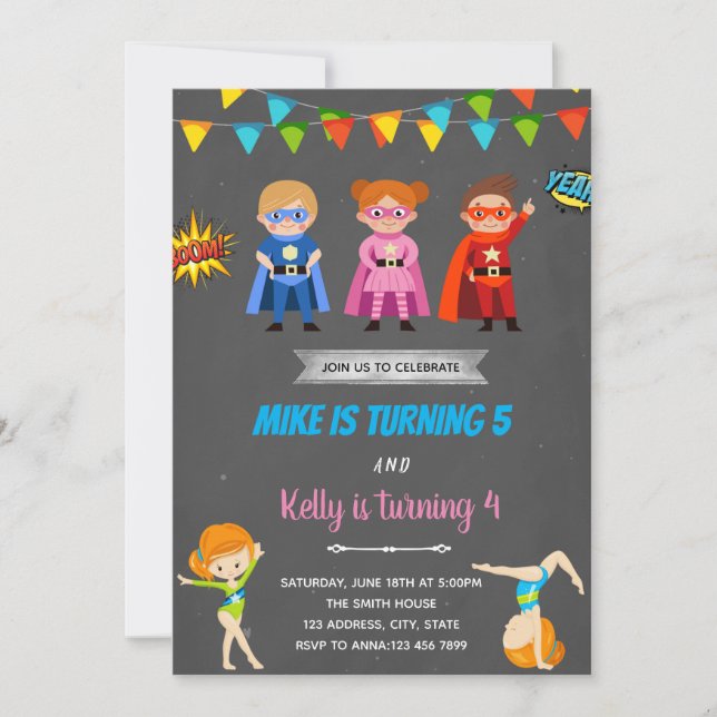 Superheroes gymnastic joint party invitation (Front)