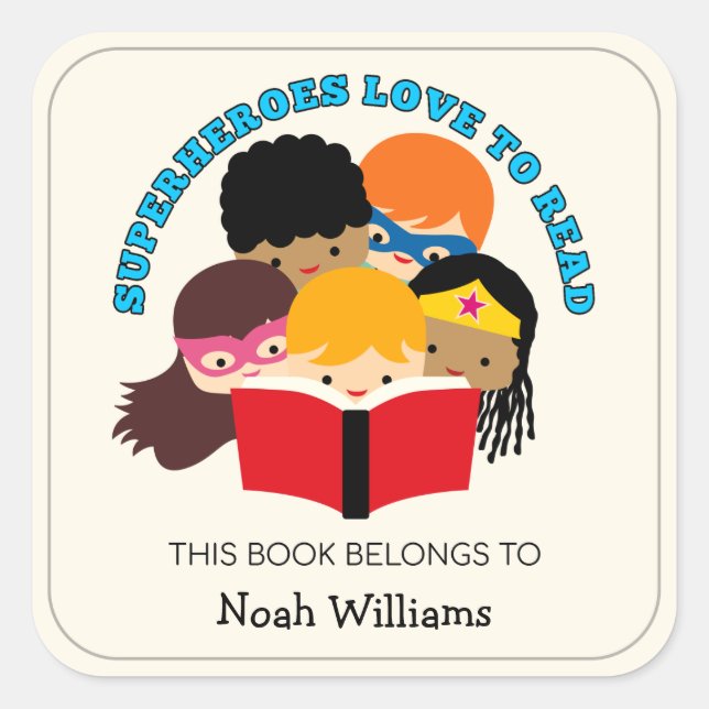 Superheroes Love to Read Personalized Bookplates Square Sticker (Front)