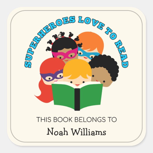 Superheroes Love to Read Personalized Bookplates Square Sticker (Front)