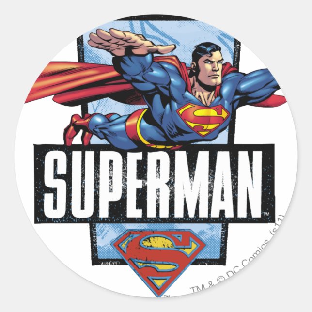 Superman and Logo Bordered Classic Round Sticker (Front)