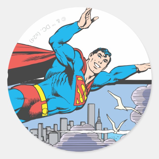 Superman Flies Thru City Classic Round Sticker (Front)