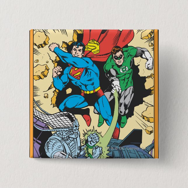 Superman & Green Lantern Fight Brainiac 2 Inch Square Button (Front)