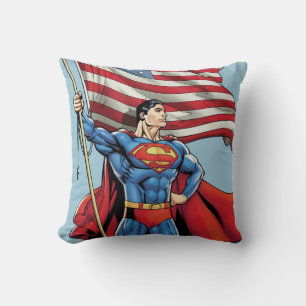 Superman Holding US Flag Throw Pillow