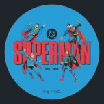 Superman Legends Forever Graphic Classic Round Sticker<br><div class="desc">Legends are Forever with this iconic Superman graphic celebrating the different eras of our favourite Man of Steel! Grab this on a fun graphic tee,  wall art,  or many more customizable Zazzle products perfect for gifting or treating yourself!</div>
