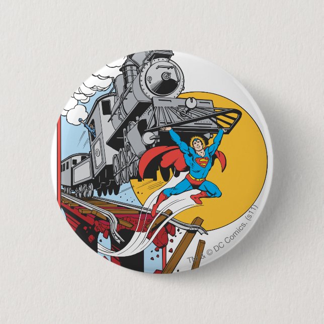 Superman Lifts Train 2 Inch Round Button (Front)