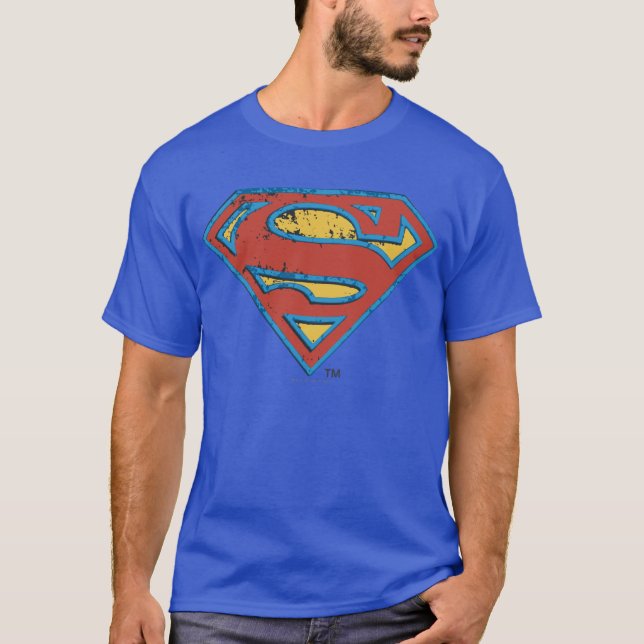 Superman S-Shield | Blue Outline Grunge Logo T-Shirt (Front)