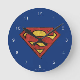 Superman S-Shield   Grunge Black Outline Logo Round Clock