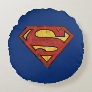 Superman S-Shield Grunge Black Outline Logo Round Pillow