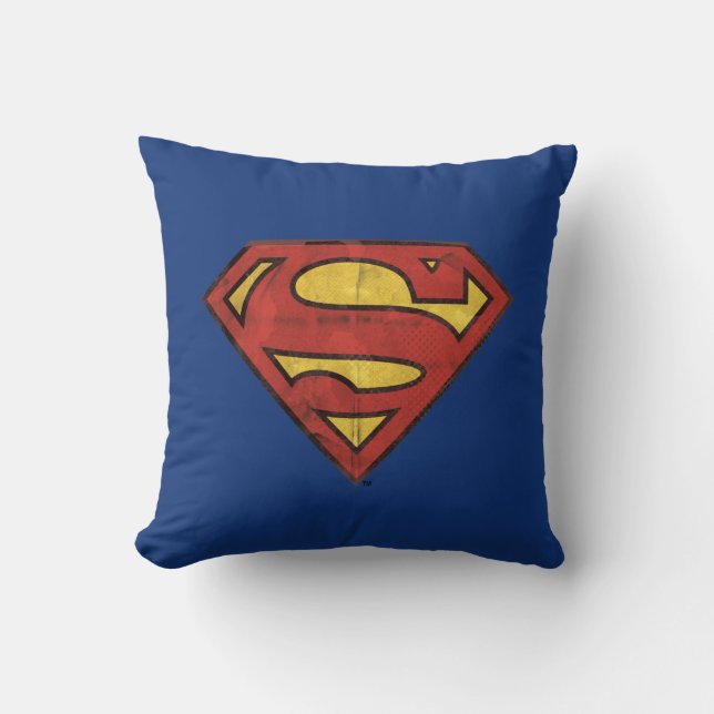 Superman S-Shield | Grunge Black Outline Logo Throw Pillow (Front)