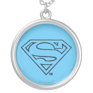 Superman S-Shield   Simple Black Outline Logo Silver Plated Necklace