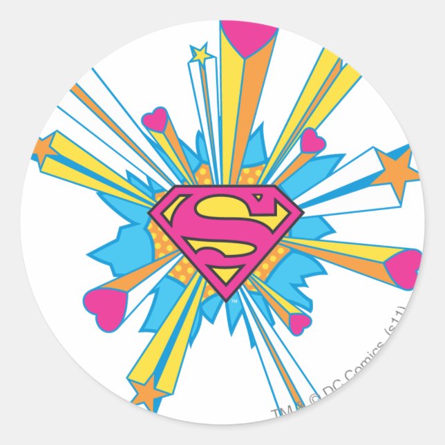 Superman Stylized | Pink with Hearts Logo Classic Round Sticker (Front)